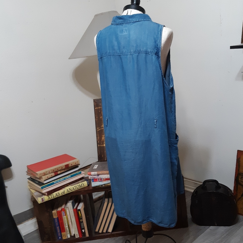 Womens Denim Blue Dress Plus Sz XXL Button up Below Knee Vest Like Sleeveless - Picture 8 of 11